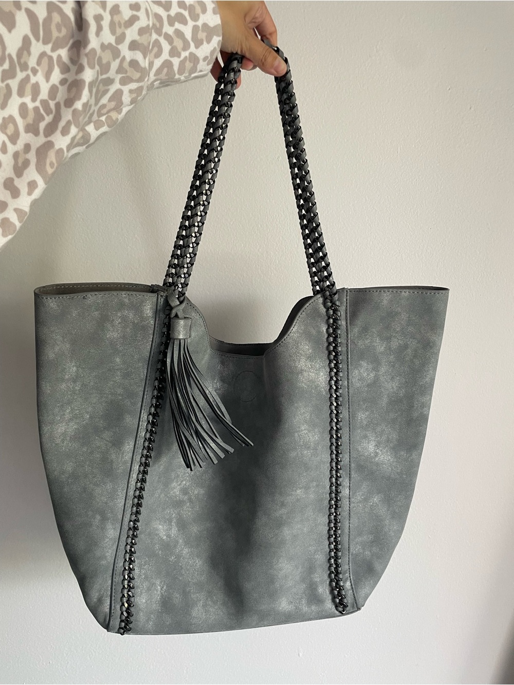 Gray Oversized Tote Bag Braided Chain Handle & Tassel Removable Zipper Pouch